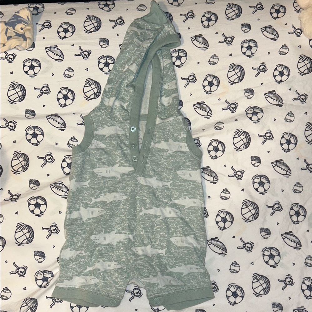 Green Shark Print Hooded Romper